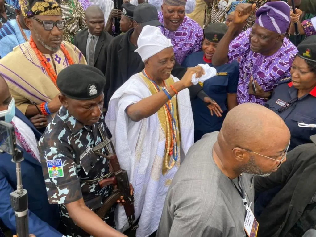 Ladoja decorated with traditional Akoko leaves after opening of calabash Oba Rasidi Ladoja