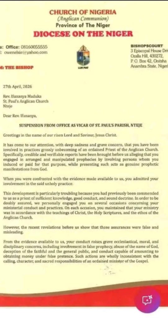 Anglican Diocese suspends priest over alleged ‘arranged prophecies’
