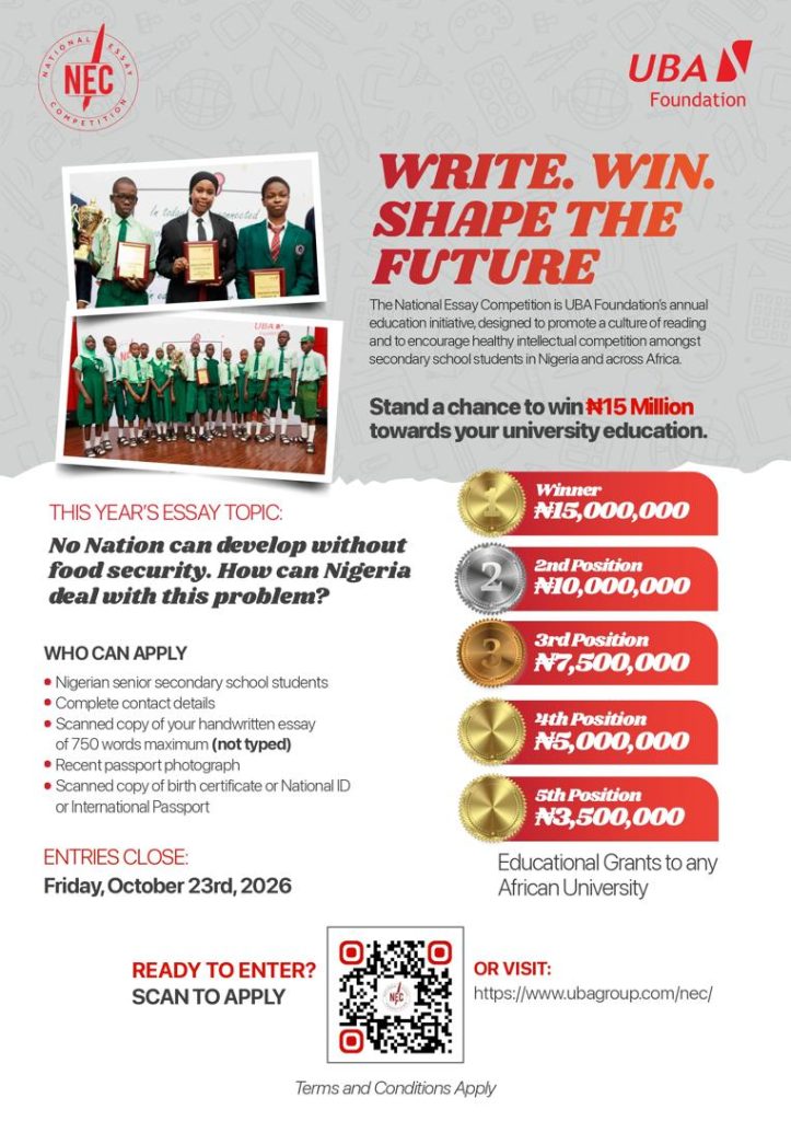 UBA Foundation Opens 2026 National Essay Competition, Raises Winning Prizes to N41m